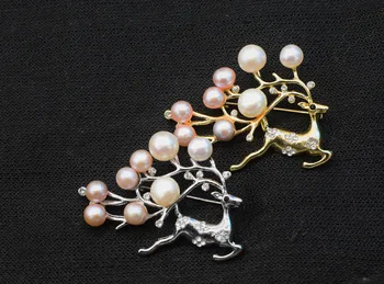 

wow! freshwater pearl white /purple coin 7-10mm and deer brooch nature wholesale FPPJ