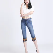 Весна Стрейч живот была тонкая вышивка цветок Национальный Ветер джинсы джинсовые женские