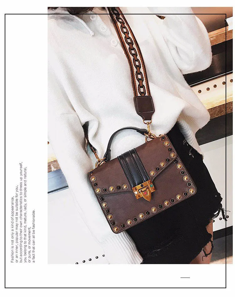 Women's Rivets Vintage Leather Crossbody Bag Small Black Brown Punk Handbag Lock Decoration Shoulder Bag Designer Cross Body Bag (1)