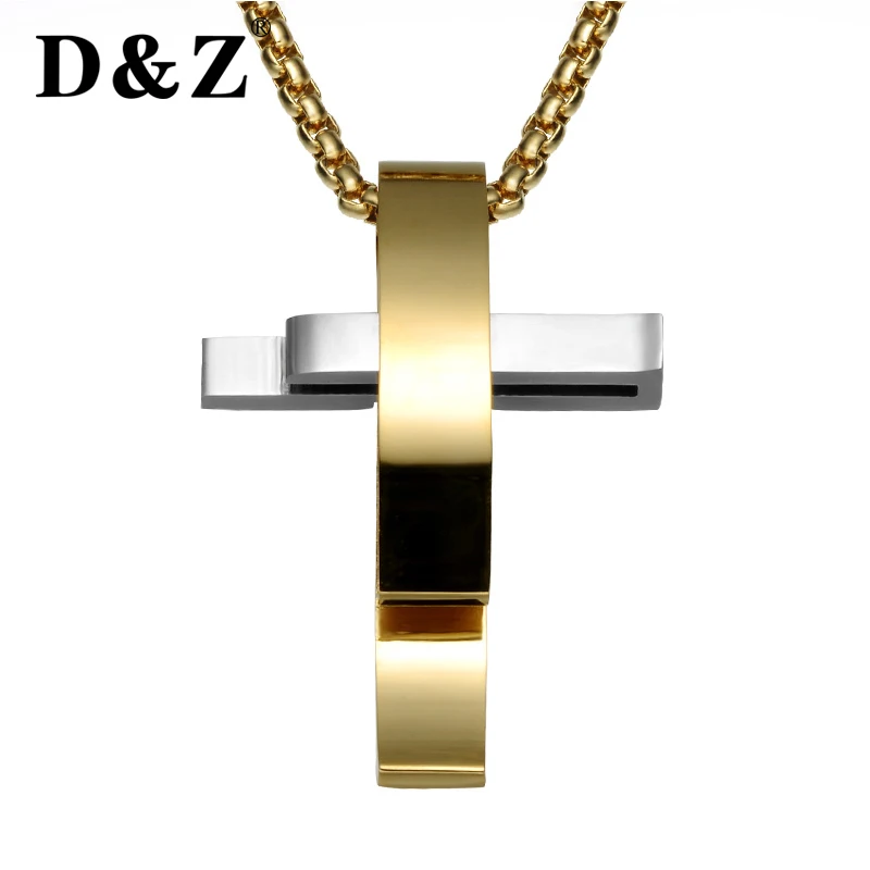

D&Z Gold Color Two Tone Murano Cross Pendant & Necklace Stainless Steel Crucifix Necklaces for Christian Jewelry