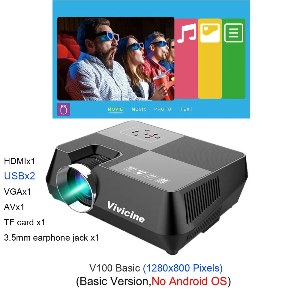 Vivicine 720P HD проектор, опционально Android wifi Bluetooth HDMI USB PC Мини светодиодный портативный проектор для видеоигр - Цвет: V100 1280x800