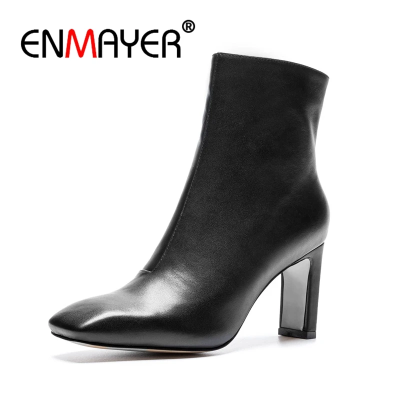 

ENMAYER 2018 New Fashion Ankle boots Square Toe Short Boots Women Shoes Woman Chunky heels Woman Martin Boots Short Plush CR997