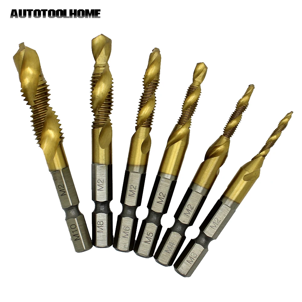 

AUTOTOOLHOME 6pc Titanium M2 Hex Shank Hand Tap HSS Screw Spiral Thread Metric Plug Drill Bit M3 M4 M5 M6 M8 M10 fit Metal Steel