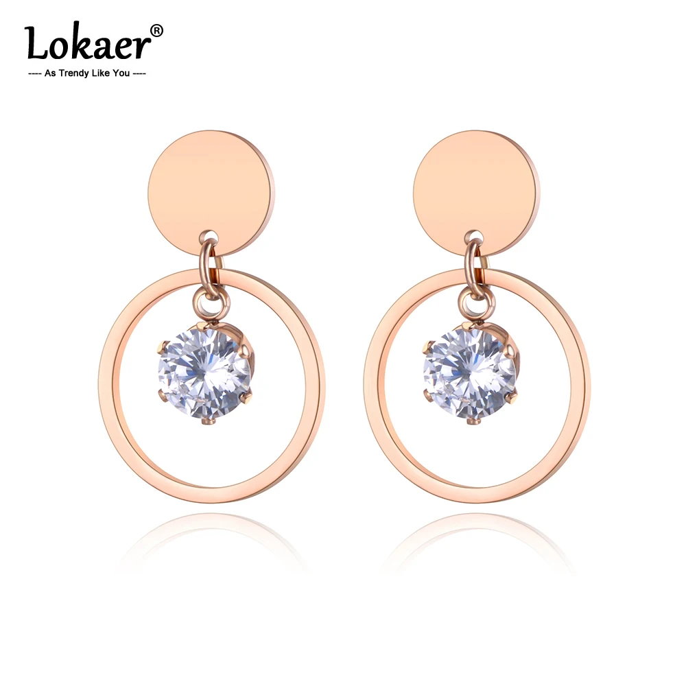 

Lokaer OL Style Double Circle Stainless Steel Stud Earrings Rose Gold Handmade White CZ Crystals Ear Jewelry For Women E19171