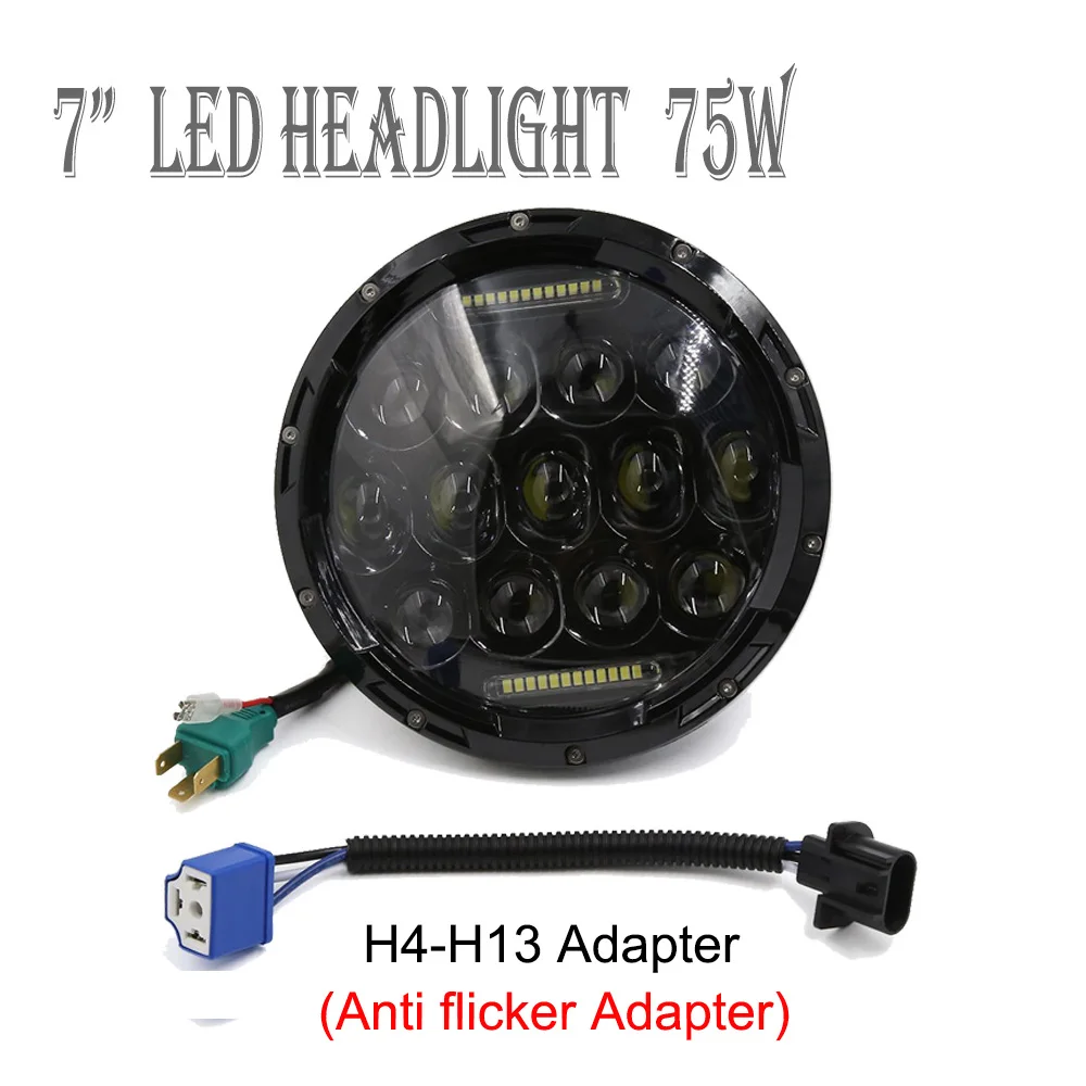 

75W 7'' Led Headlight H4 To H13 High Low Beam Round Cars Running Lights for Jeep Wrangler Hummer 4x4 Yamaha Harley Motorcycle