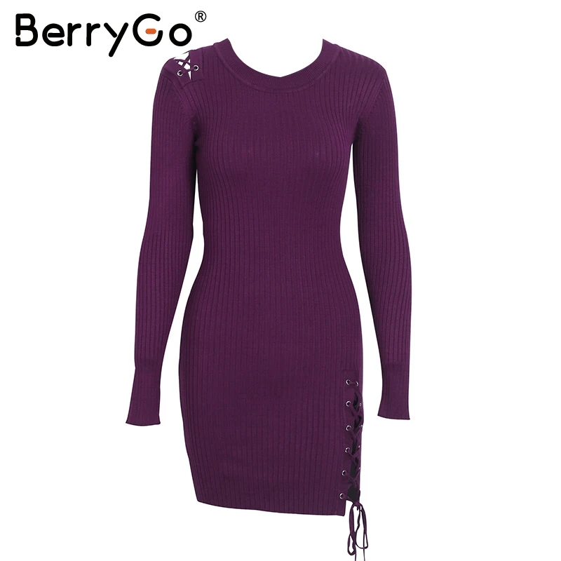 BerryGo Элегантное трикотажное платье-свитер на шнуровке, женское обтягивающее вязаное зимнее платье с разрезом, осенний джемпер, винтажный пуловер - Цвет: Dark Purple