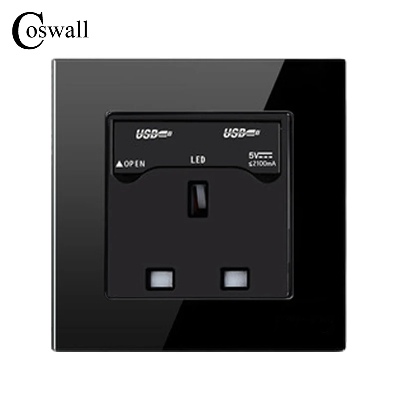 COSWALL Хрустальная стеклянная панель электрическая розетка 13A Черный Цвет