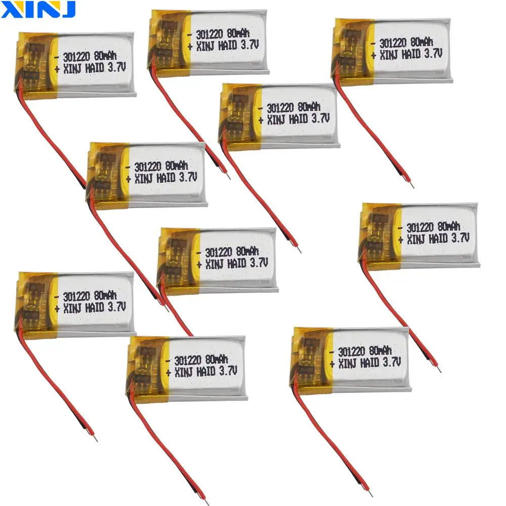 

XINJ 10pcs 3.7V 80 mAh Li lithium-polymer battery li po cell 301220 For DIY headphones bluetooth earphone speaker smart watche