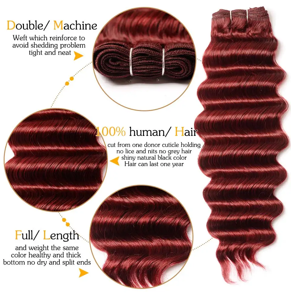 Pinshair Burgundy 99J Brazilian Loose Deep Wave Hair 4 Bundles With Closure Bold Red Human Hair Weave Lace Closure Non Remy Hair (6)