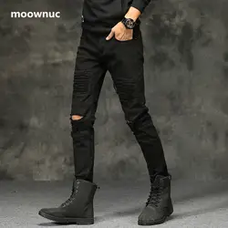 2019 весенние мужские мотобрюки модные повседневное Slim Fit рваные упругие мужские джинсы черные классические джинсовые узкие джинсы мужские