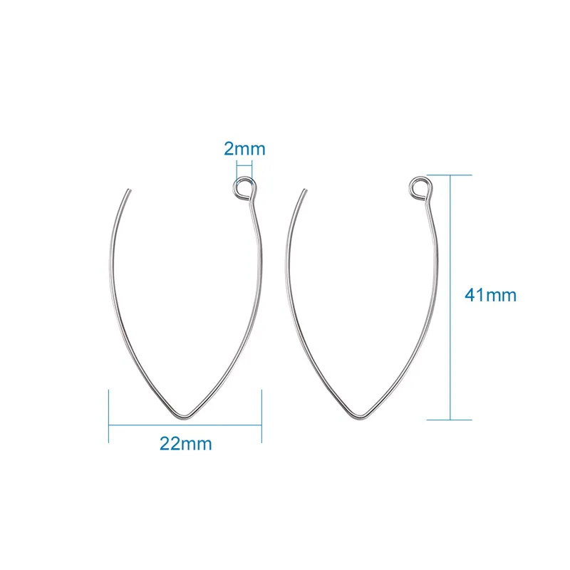 20/200 шт 304 Нержавеющая сталь крючки для сережек застежками Выводы Компоненты для самостоятельного изготовления ювелирных изделий серьги 41x22x1 мм, отверстие: 2 мм