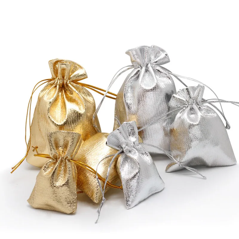 100pcs Shiny Jewelry Packing Gold Color Foil Cloth Drawstring Velvet Bag 7x9 9x12 11x16 13x18 Wedding Gift Bags Pouches