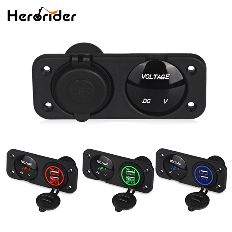 

Herorider DC 12V 24V LED Digital Voltmeter Dual USB Power Socket Panel Car Charger For Car Boat Rv Motorcycle Green Blue Red