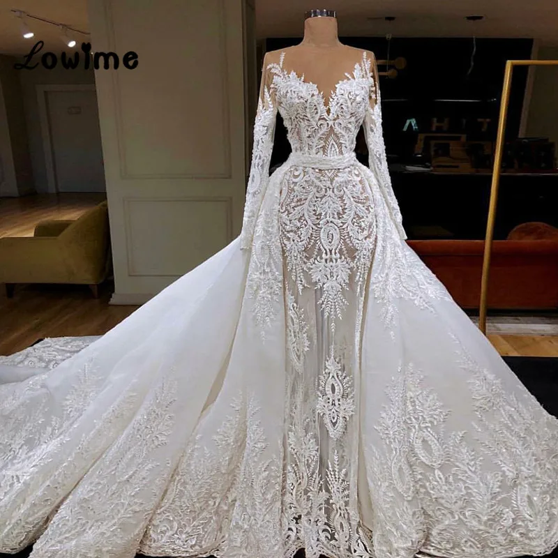 

Luxury Lace Mermaid Wedding Dresses Illusion With Detachable Train 2019 Couture Vestido De Noiva Bridal Gowns Robe De Mariee