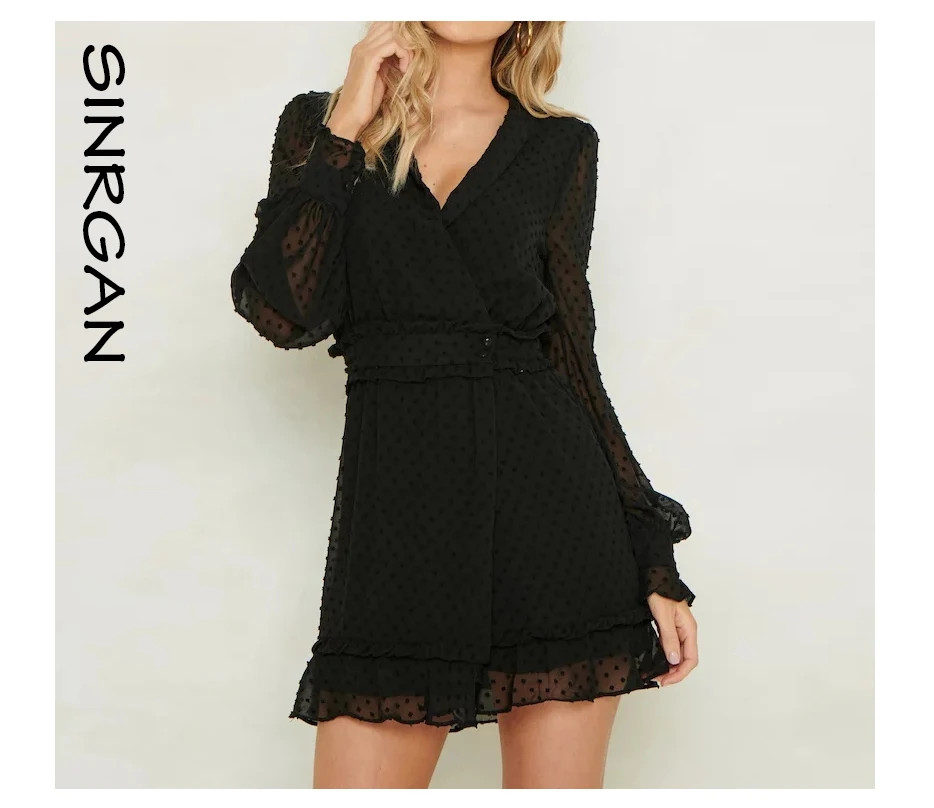SINRGAN Черное v-образным вырезом сексуальное женское платье с длинным рукавом винтажное весеннее платье vestidos элегентный кружевное платье в горошек шнуровка платье