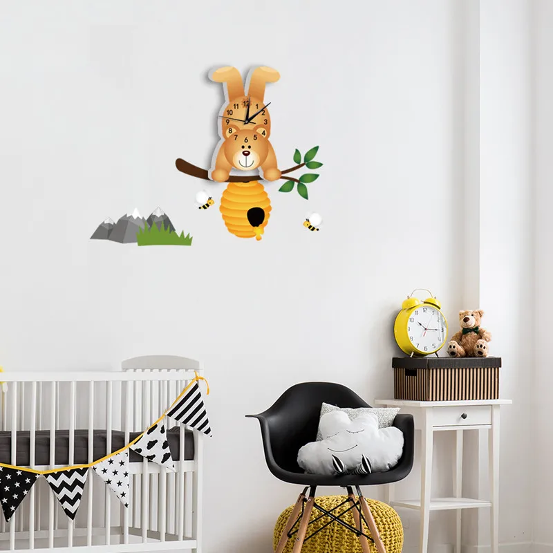 3D мультфильм милый медведь настенные часы для детской комнаты гостиной украшения креативные настенные часы домашний декор бесшумные Современные часы