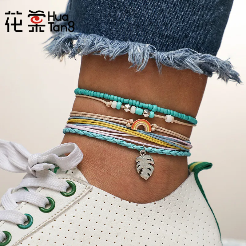 

HuaTang Bohemian Colorful Rope Bracelet Geometric Leaf Rainbow Beaded Bracelets Bangle Set for Women Bracelet Jewelry 6931