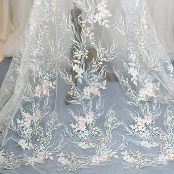 

3D Color Flower Embroidery Lace Chinese Brocade Mesh Sequin Fabric Wedding Dress Veil Diy Handmade Clothing Decoration Material
