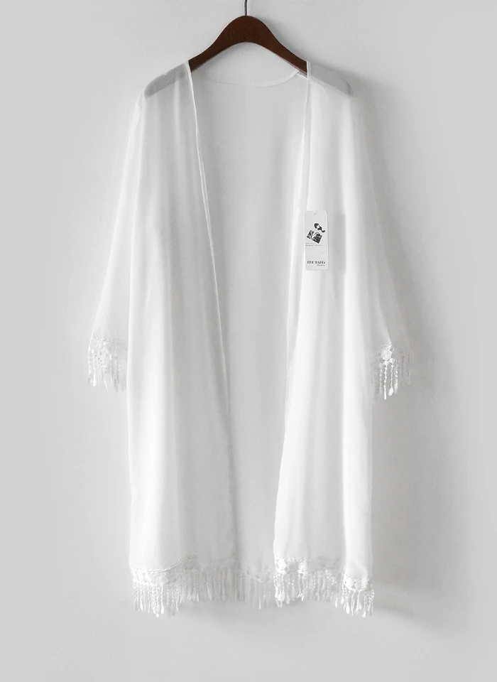 Для женщин кисточкой Для женщин пляжные UPS кардиган длинный топ прикрыть блузка сзади белый тонкий Летний Стиль Прозрачный Плавание крышка- до