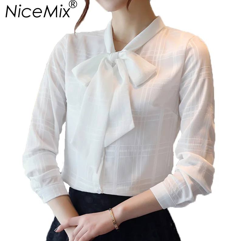 

NiceMix 2017 Elegant Office Blouse Shirt Women Long Sleeve Chiffon Blusa Female Slim Plus Size Bow Lacing Casual Blouses