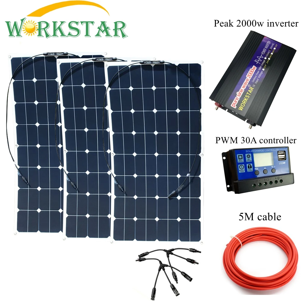 WORKSTAR 3*100 Вт Sunpower гибкие солнечные панели с 30A контроллером и 2000 инвертором 300