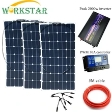 WORKSTAR 3*100 Вт Sunpower гибкие солнечные панели с 30A контроллером и 2000 Вт Инвертор 300 Вт комплект солнечных батарей для начинающих