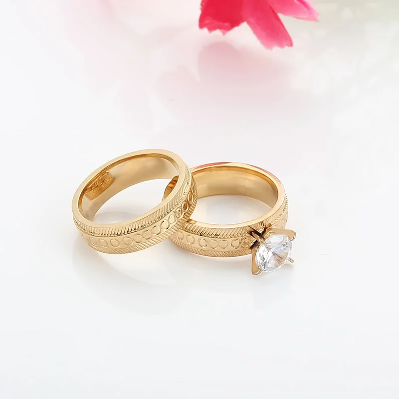 1 Pair Fashion Stainless Steel Wedding Engagement Band Rings Set For Women Gold Color CZ Couple Ring Trendy Jewelry (A1119)