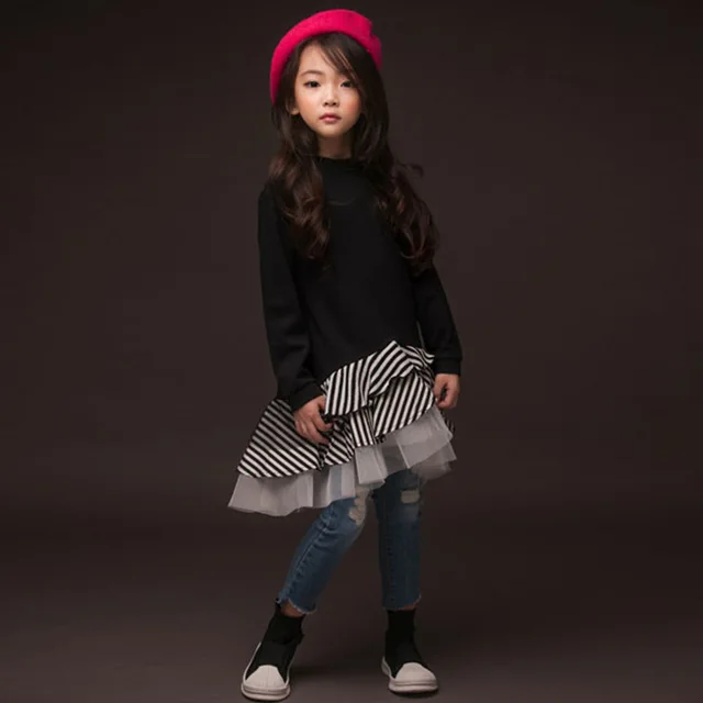 2018 New Sweatshirt Girl Dress Kids Autumn Cotton Stripe Patchwork Ruffle Tutu Dresses Big Girl Fashion Clothes For 4-14 Yrs