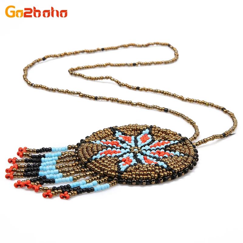 

Go2boho Bohemia Pendant Necklaces Women Long Strand Statement Necklace Seed Beads Mexican Handwoven Loom Pattern Fashion Jewelry