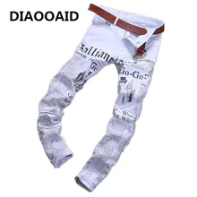 Новые фирменные модные Стрейчевые мужские джинсы с принтом белых букв, мужские облегающие эластичные повседневные брюки, узкие джинсовые штаны с принтом