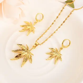 

Fashion hemp leaf Necklace Earring Set Women Party Gift Solid Gold Filled Leaf Necklace Earrings Jewelry Sets