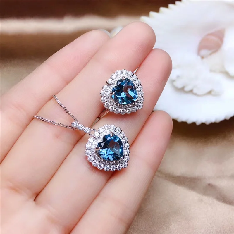 PROCOGEM сердца натуральный голубой Topza комплекты украшений для женщин вечерние подлинных драгоценных камней с камнями Цепочки и ожерелья кольцо 925 пробы серебро#565