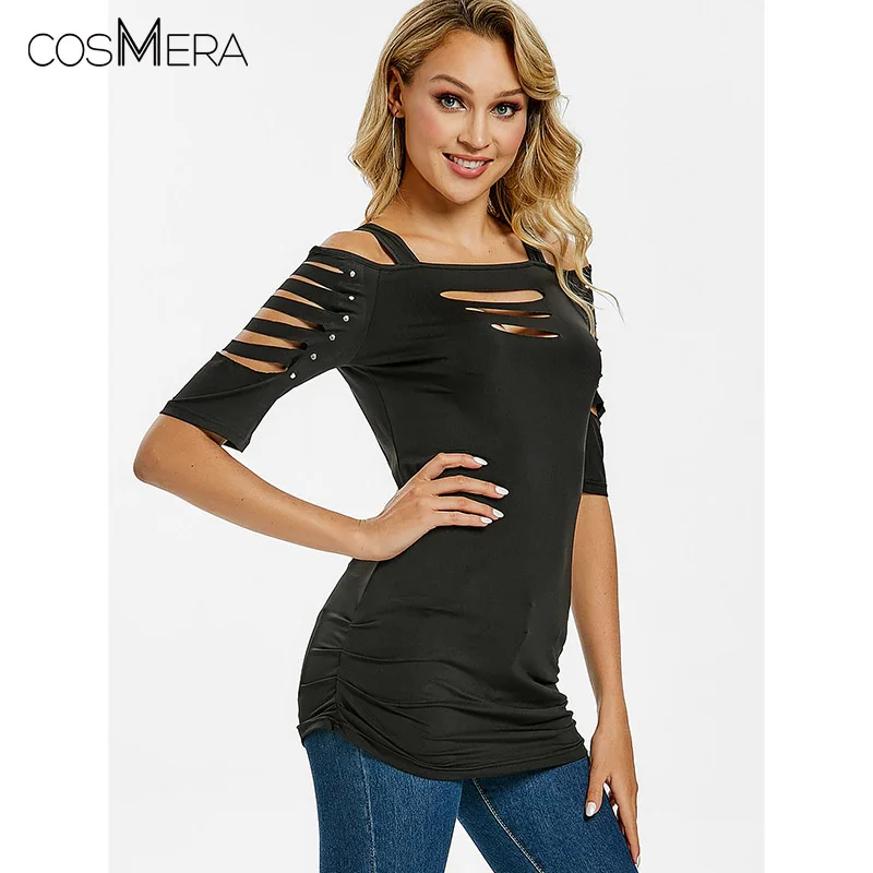

COSMERA Open Shoulder Tearing Sleeve T-Shirt Women Summer T-Shirts Punk T Shirt Square Neck Three Quarter Cut Out Black Tops 2XL