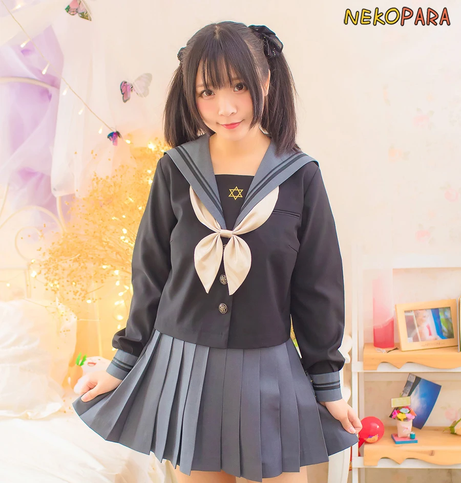 

Hexagram Star Embroidery Cute Japanese School Girls Uniform JK 2Pcs Set:Short Sleeves Sailor Collar Blouse+Skirt Cosplay