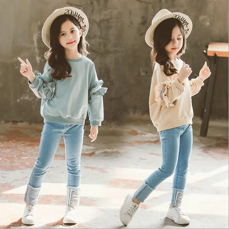 

2019 Children Autumn Clothing Set 2pcs Baby Girls Blouse Sweatshirt Jumper+Jeans Pants Ruffles Lace Teenager Tracksuit