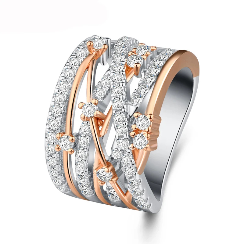 

Gorgeous Hollow Two-tone Color Rose Gold Cubic Zirconia Ring for Female Fashion Rhinestone Wedding Rings for Women Gift