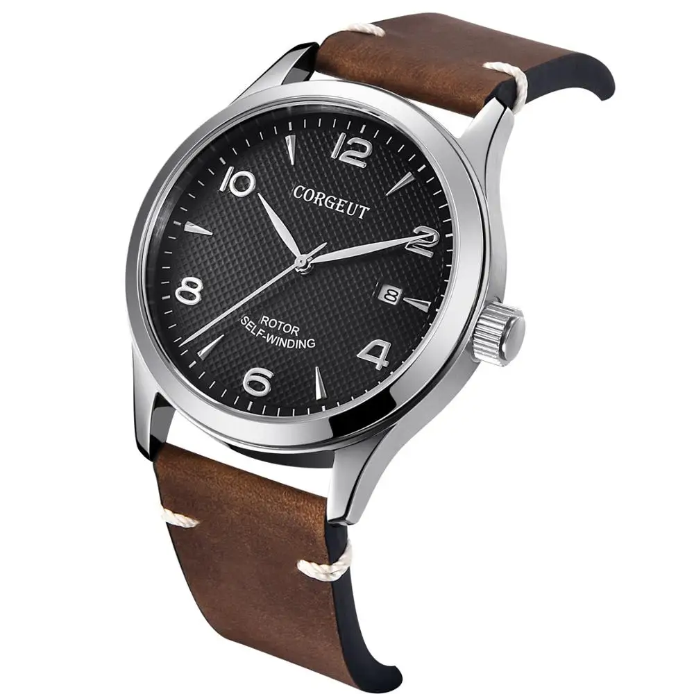 

42mm Corgeut Automatic Men's Watch Sapphire crystal Black Dial date Mechanical Leather strap men watches clock