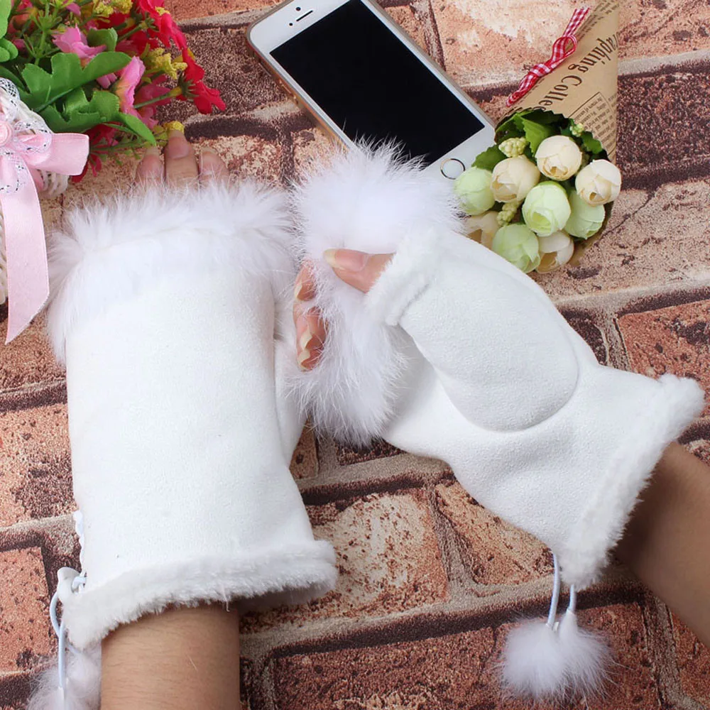Для женщин девочек искусственного кролика Мех животных наручные пальцев рук Зимние перчатки теплые качество дизайна моды искусственного