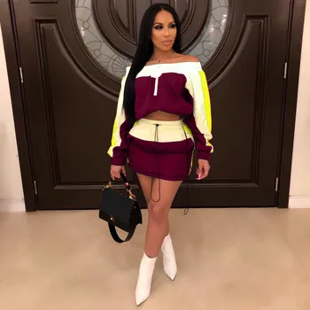 

Women Tracksuit 2 Piece Set Off Shoulder Slash Neck Splicing Top Mini Skirts Suit 2Pcs Set