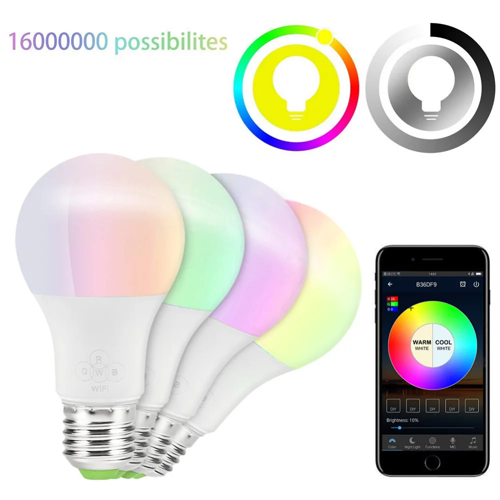 Смарт лампочка E27 WIFI RGB RGBW диммируемая светодиодная лампа работает с Alexa Google Home 16
