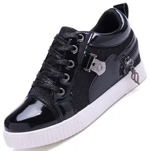 Comfortable Women Shoes Ladies Four Season Moccasins Lace-Up Golden Black Silvery Casual Shoes Women Zapatos Mujer