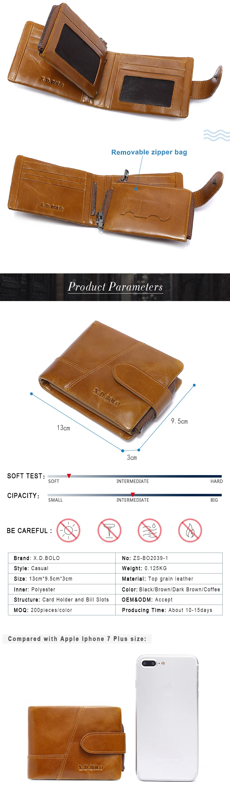 X.D.BOLO Genuine Cowhide Leather Men Wallet Trifold Wallets Fashion Design Brand Purse ID Card Holder With Zipper Coin Pocket