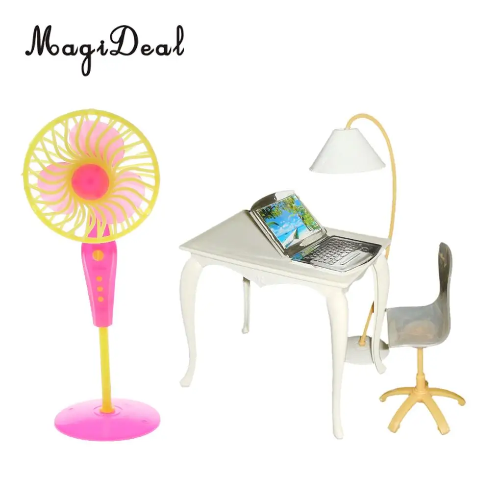 3Pcs Plastic Miniature Office Desk Chair Floor Fan Play Set for Action Figures Dolls House Garden Bedroom Furniture Decor Accs