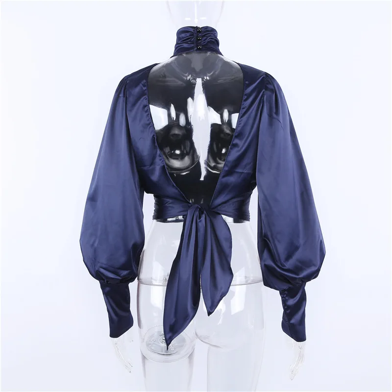 ArtSu, женская сексуальная сатиновая блузка на шнуровке с бантом, водолазка, рубашка с открытой спиной, блузки, женские блузы с пышными рукавами, кроп-топ, весна, ASBL30142