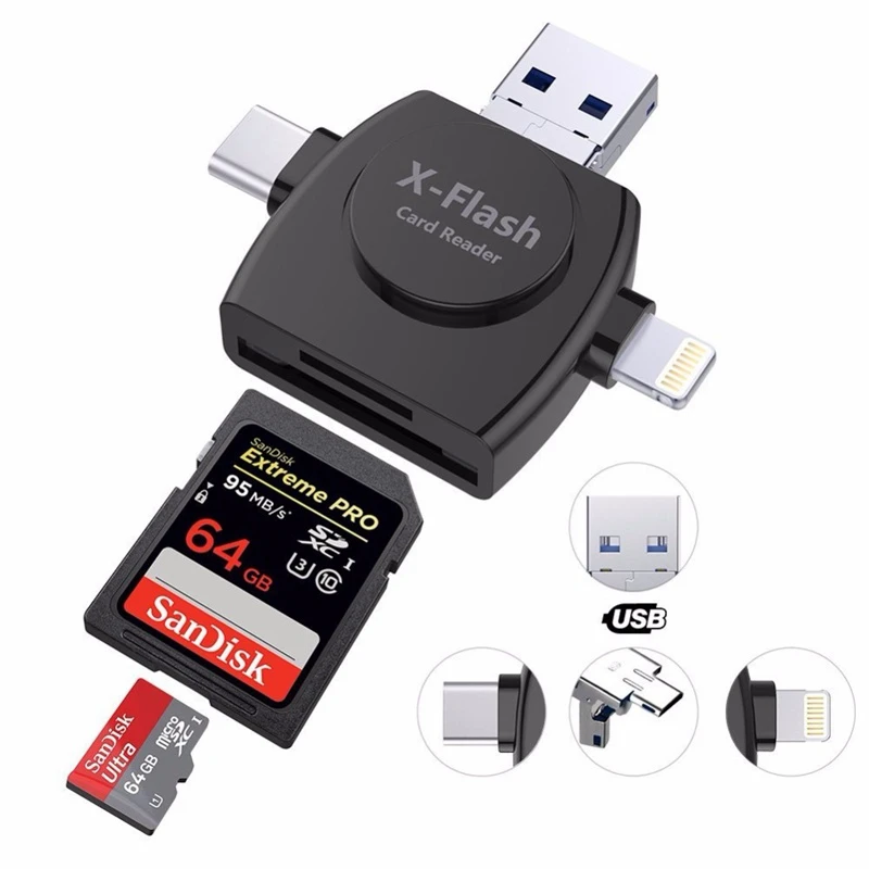 Kismo 4 в 1 type-c/Lightning/Micro USB/кардридер Micro SD кард-ридер для iPhone/iPad/Android камера кард-ридер OTG