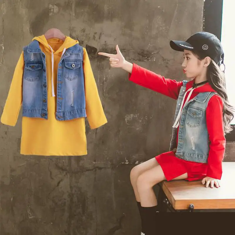 

2018 Teenage Girls Clothes Sets Princess Girls Suits Ensemble Fille Toddler Girls Clothing Sets Hooded Sweatshirts + Denim Vest