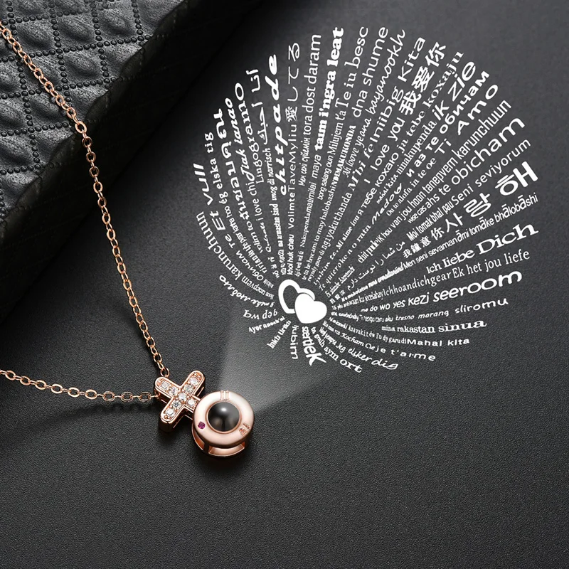 Fashion Cross Crystal Projection Pendant Necklace Rose Gold Silver 100 languages I love you