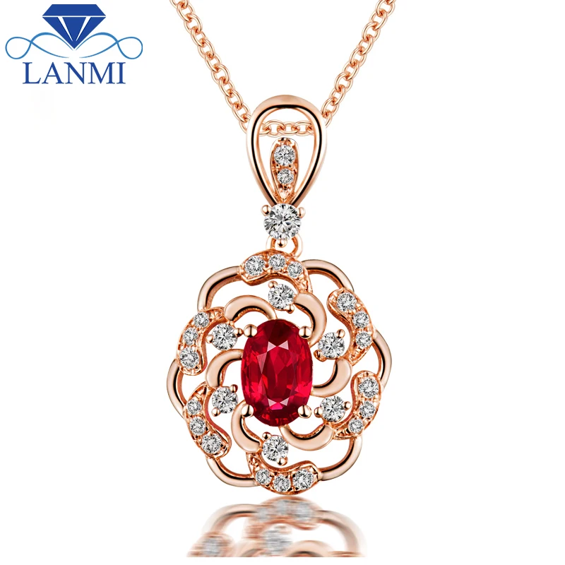 New Design 14K Rose Gold Red Ruby Pendant Necklace Natural Diamond for Women Party Fine Jewelry ...