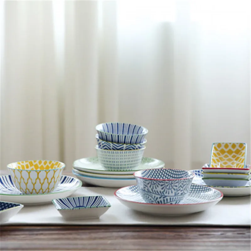 

KINGLANG Japanese style retro creative contrast color pattern ceramic plate dish sauce dish small bowl rice bowl