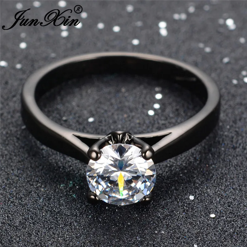 JUNXIN Multicolor Zircon Round Thin Rings For Women Black Gold Filled Red Blue White Pink Stone Wedding Bands Minimalist Jewelry